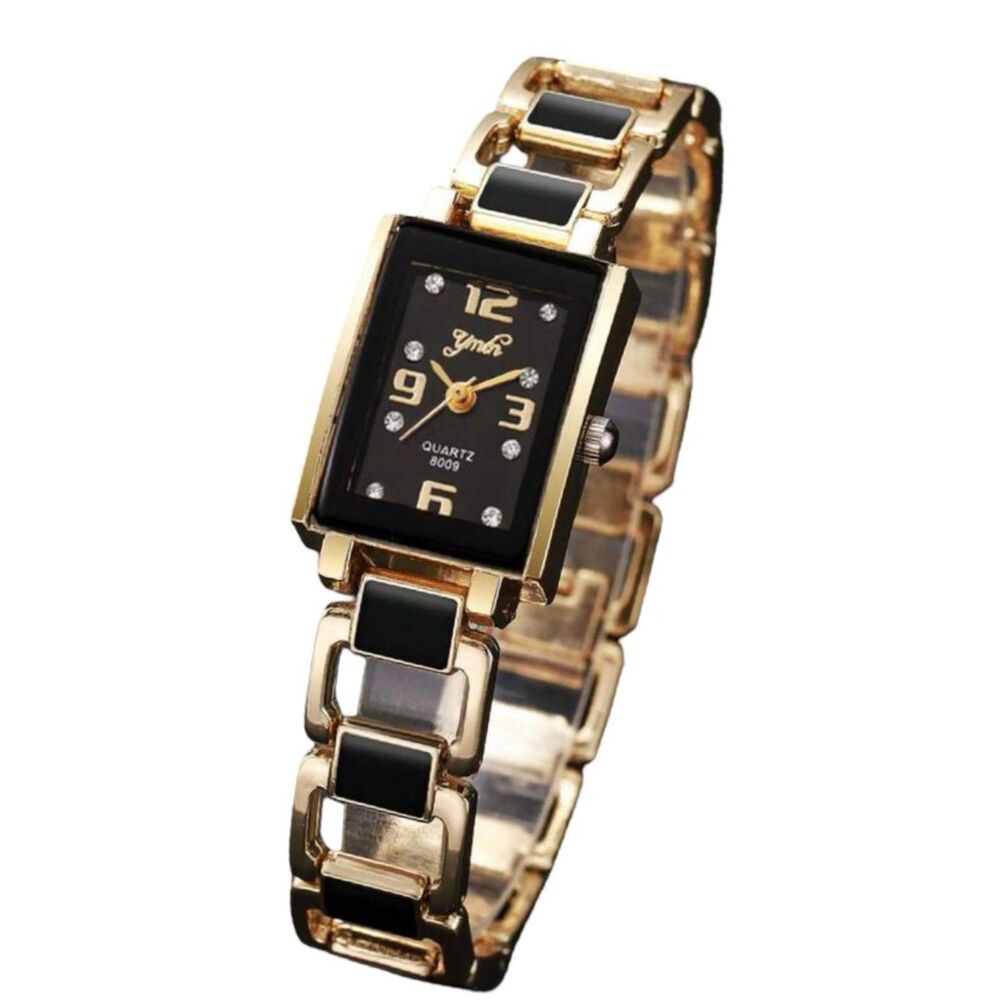 Elegant Gold and Black Rectangular Quartz Bracelet Watch